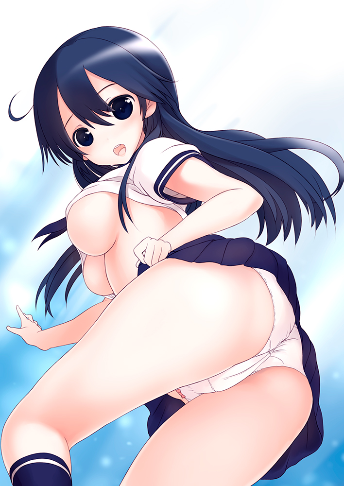 ass black_hair blush breasts kantai_collection large_breasts lifted_by_self long_hair looking_at_viewer no_bra open_mouth panties pleated_skirt school_uniform serafuku skirt skirt_lift solo sora_to_umi underboob underwear ushio_(kantai_collection) white_panties