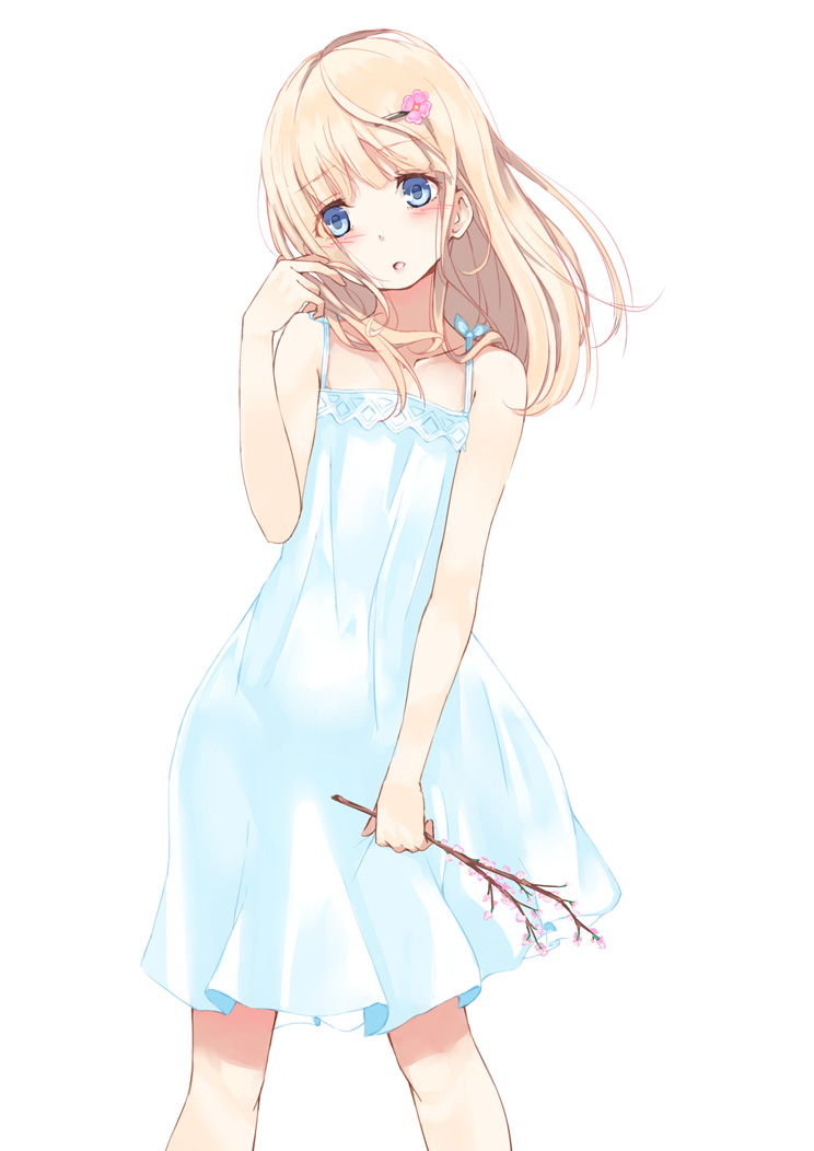 bad_id bad_pixiv_id bare_shoulders blonde_hair blue_eyes blush branch dress hair_ornament hairclip long_hair nyoijizai original simple_background solo sundress white_background
