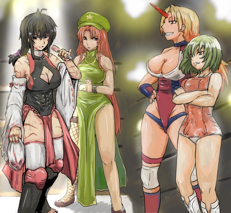 abs adapted_costume black_eyes black_hair blonde_hair blood bloody_clothes boots borrowed_design braid breasts brown_eyes chinese_clothes cleavage cleavage_cutout cracking_knuckles detached_sleeves fishnet_legwear fishnets green_hair grin hat hong_meiling horn hoshiguma_yuugi kazami_yuuka knee_boots knee_pads kongari_tokei large_breasts long_hair m.u.g.e.n mask mask_removed microphone multiple_girls muscle muscular_female one-piece_swimsuit oni original pinky_out red_hair scar sendai_hakurei_no_miko short_hair single_thighhigh smile star swimsuit thighhighs touhou twin_braids very_long_hair white_swimsuit wrestling_mask wrestling_outfit wrestling_ring