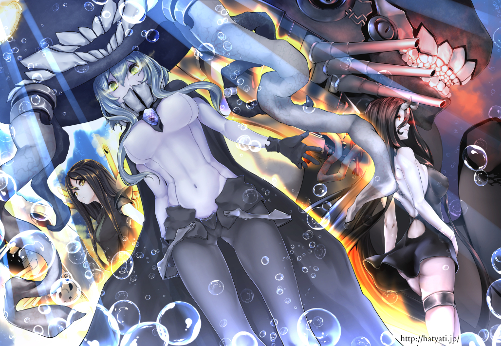battleship_hime black_dress black_gloves black_hair bodysuit breasts bubble cape covered_navel covered_nipples dress gloves glowing glowing_eyes hachachi horns kantai_collection large_breasts long_hair looking_down monster multiple_girls red_eyes ru-class_battleship shinkaisei-kan short_dress silver_hair thigh_strap underwear wo-class_aircraft_carrier yellow_eyes
