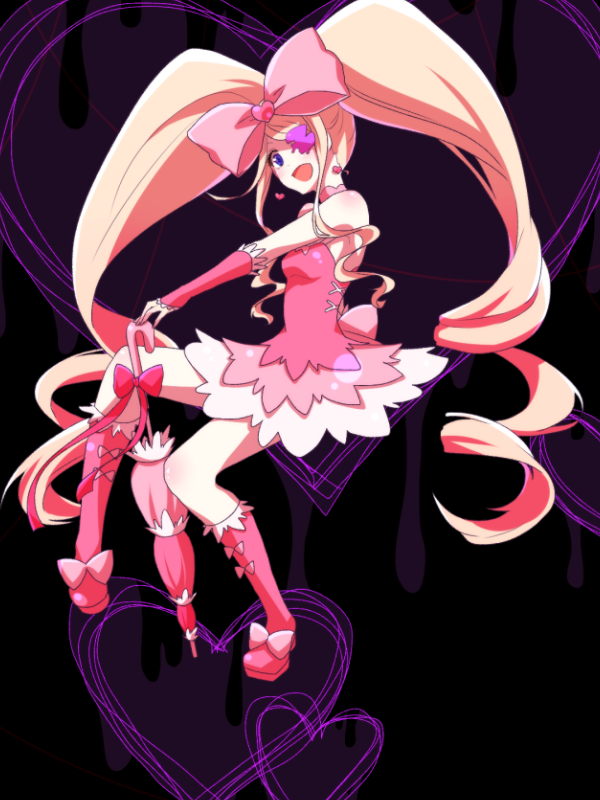 big_hair blonde_hair boots bow closed_umbrella dress drill_hair earrings eyepatch frills hair_bow harime_nui huge_bow ice_(aitsugai) jewelry kill_la_kill long_hair pink_bow pink_dress pink_footwear planted_umbrella smile solo twin_drills twintails umbrella wrist_cuffs