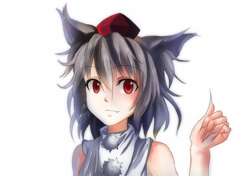 animal_ears bad_id bad_pixiv_id bare_shoulders fang fang_out fingernails hand_up hat high_collar inubashiri_momiji long_fingernails looking_at_viewer nununu!! red_eyes short_hair silver_hair simple_background smile solo tokin_hat touhou upper_body white_background wolf_ears