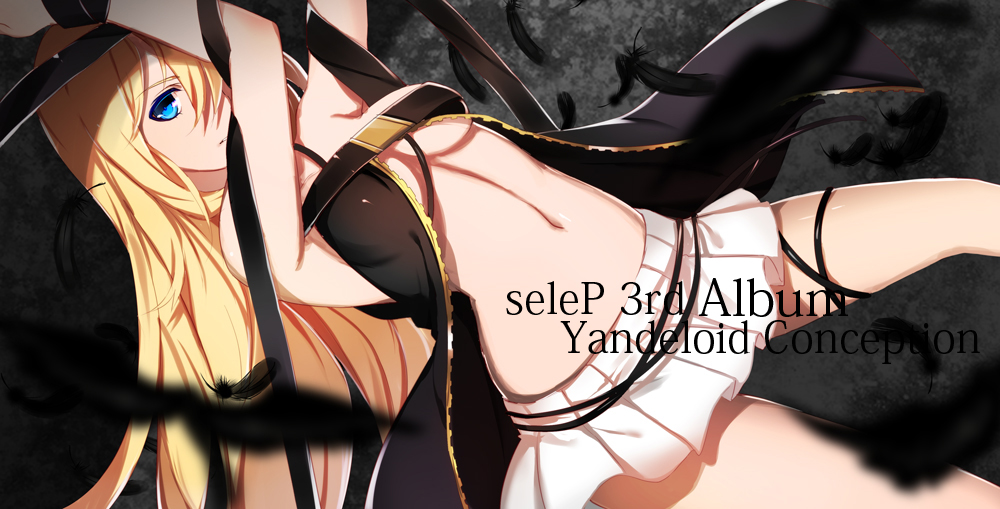arms_up black_feathers blonde_hair blue_eyes breasts feathers hair_over_one_eye lily_(vocaloid) long_hair medium_breasts microskirt navel restrained skirt solo thigh_strap underboob very_long_hair vocaloid yuuki_kira