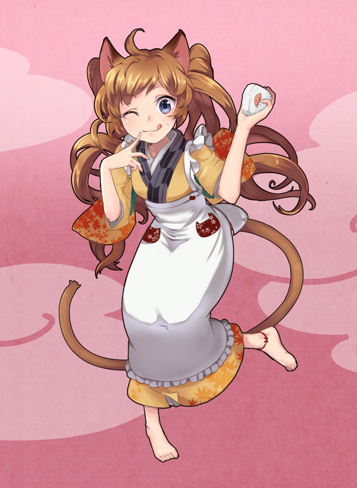 :p animal_ears anklet apron ayakashi_hyakkiyakou barefoot blue_eyes brown_hair cat_ears cat_tail eyelashes food gradient gradient_background happy japanese_clothes jewelry kagosayu kimono long_hair looking_at_viewer one_eye_closed onigiri original rice smile solo tail tongue tongue_out twintails