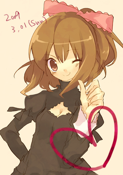 black_dress blush bow breasts brown_eyes brown_hair cleavage cleavage_cutout dress hair_bow head_tilt heart long_sleeves looking_at_viewer one_eye_closed original pink_bow retei small_breasts solo