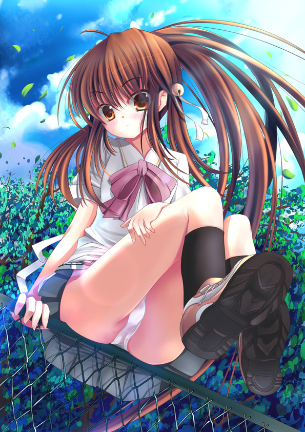ass bow chain-link_fence fence from_below hair_ornament legs little_busters! long_hair natsume_rin panties pink_bow ponytail school_uniform skirt solo underwear upskirt very_long_hair xephonia