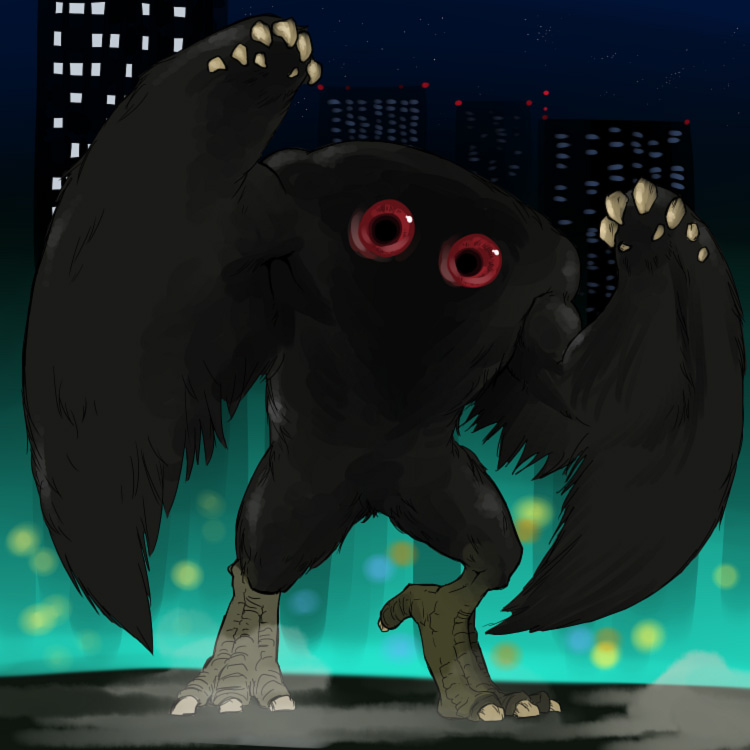 bad_pixiv_id city cityscape copyright_request cryptid headless monster mothman night no_humans red_eyes space_jin wings