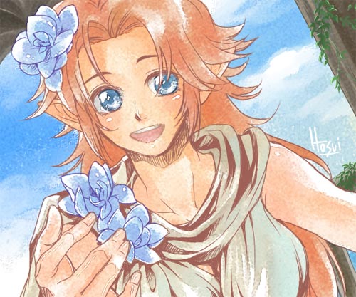 artist_request blue_eyes day flower hair_flower hair_ornament lowres marin_(the_legend_of_zelda) orange_hair pointy_ears sky solo the_legend_of_zelda the_legend_of_zelda:_link's_awakening
