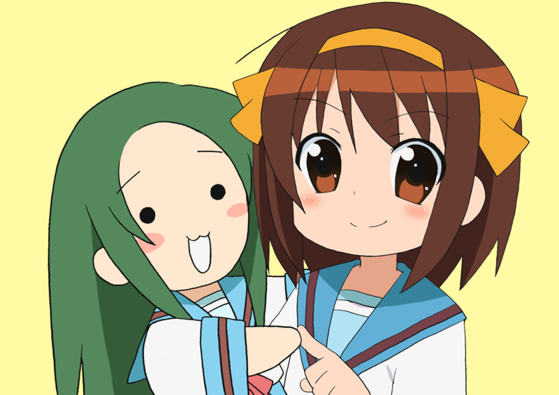 bad_id bad_pixiv_id brown_eyes brown_hair churuya green_hair hairband kita_high_school_uniform long_hair multiple_girls orange_hairband school_uniform serafuku short_hair suzumiya_haruhi suzumiya_haruhi-chan_no_yuuutsu suzumiya_haruhi_no_yuuutsu yuuya_(musaishoku)