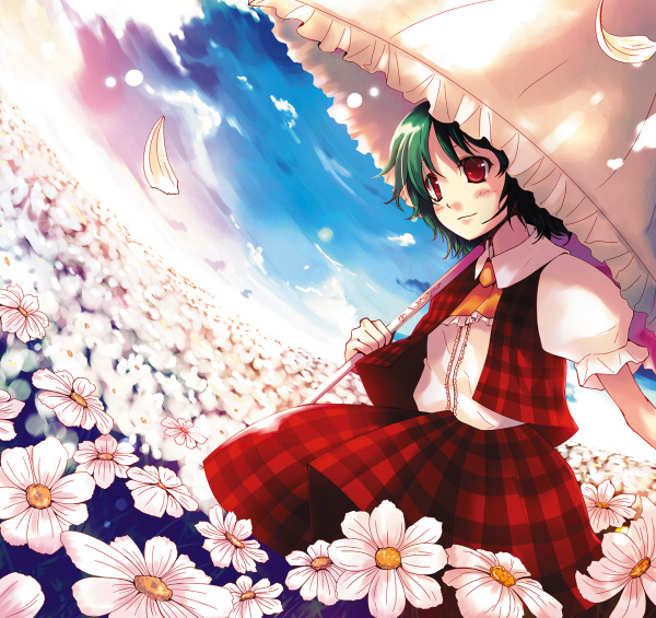 ascot blush field fisheye flower flower_field green_hair head_tilt kazami_yuuka light_smile nature parasol petals plaid plaid_skirt plaid_vest red_eyes short_hair skirt skirt_set sky solo tamaki_fuyu touhou umbrella vest