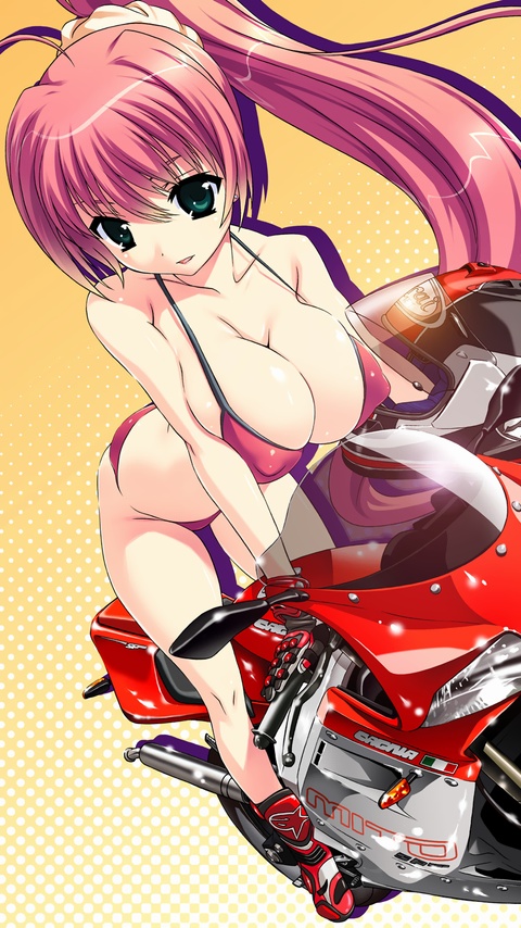 bikini boots breasts cleavage covered_nipples gloves green_eyes ground_vehicle imanaka_koutarou large_breasts long_hair motor_vehicle motorcycle non-web_source original pink_hair ponytail solo swimsuit