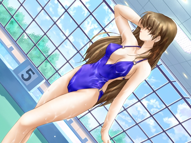 adjusting_hair arm_up breasts brown_hair closed_eyes covered_nipples dutch_angle game_cg horohoro_(game) indoors long_hair mame_sensha medium_breasts non-web_source o-ring o-ring_swimsuit one-piece_swimsuit pool poolside profile starting_block swimsuit v-neck wet window