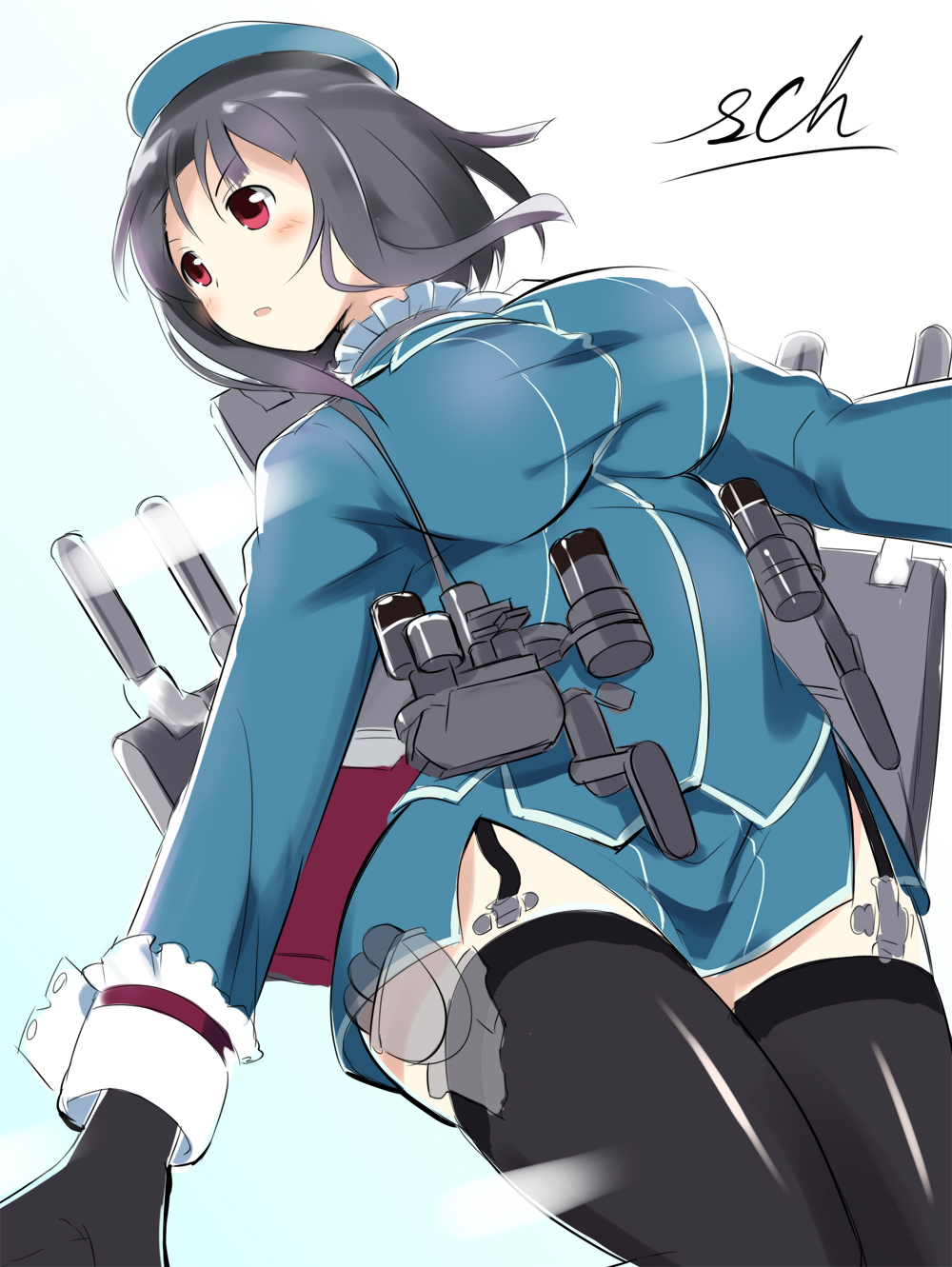 backpack bag beret black_gloves black_hair black_legwear breasts cannon garter_straps gloves hat highres kantai_collection large_breasts pink_eyes sch short_hair skirt solo takao_(kantai_collection) thighhighs