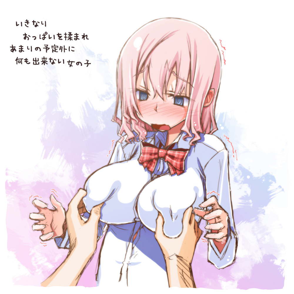 blush bow breast_grab breasts grabbing impossible_clothes impossible_shirt large_breasts long_sleeves open_mouth original pink_hair sakuya_tsuitachi shirt short_hair trembling