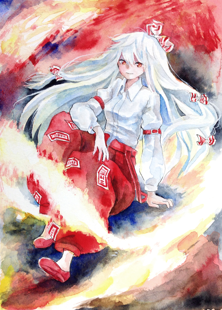 arm_belt arm_support bad_id bad_pixiv_id baggy_pants chachao fire fujiwara_no_mokou full_body hair_ribbon long_hair long_sleeves multicolored multicolored_background orange_eyes pants puffy_long_sleeves puffy_sleeves red_eyes red_footwear ribbon shoes sitting solo touhou tress_ribbon white_hair