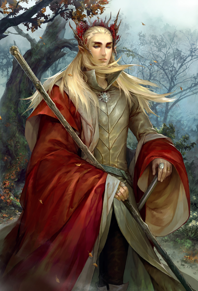 armor blonde_hair colored_eyelashes elf floating_hair forest hair_ornament half-closed_eyes jewelry leaf lord_of_the_rings male_focus nature parted_lips pointy_ears popped_collar ring solo staff standing the_hobbit thranduil tree wide_sleeves wind yufy