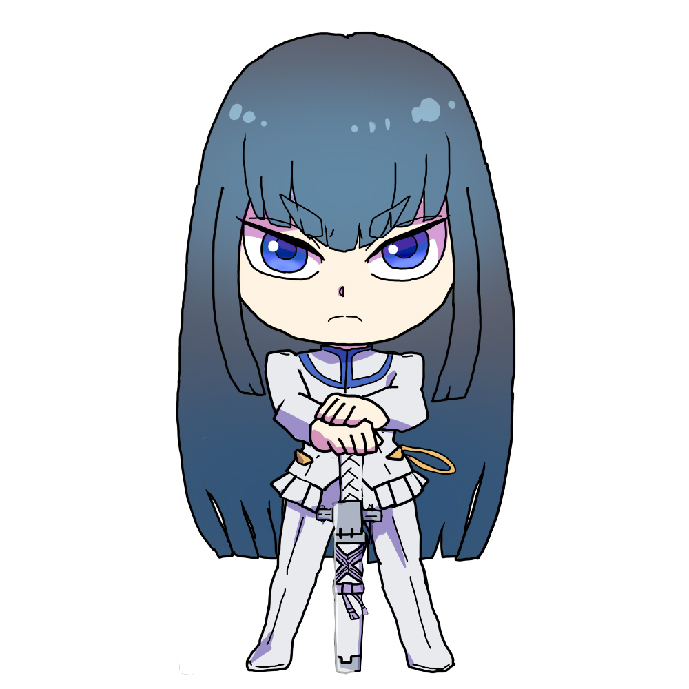 blue_eyes chibi hands_on_hilt kill_la_kill kiryuuin_satsuki long_hair solo sword uniform uri_(uryu002) weapon