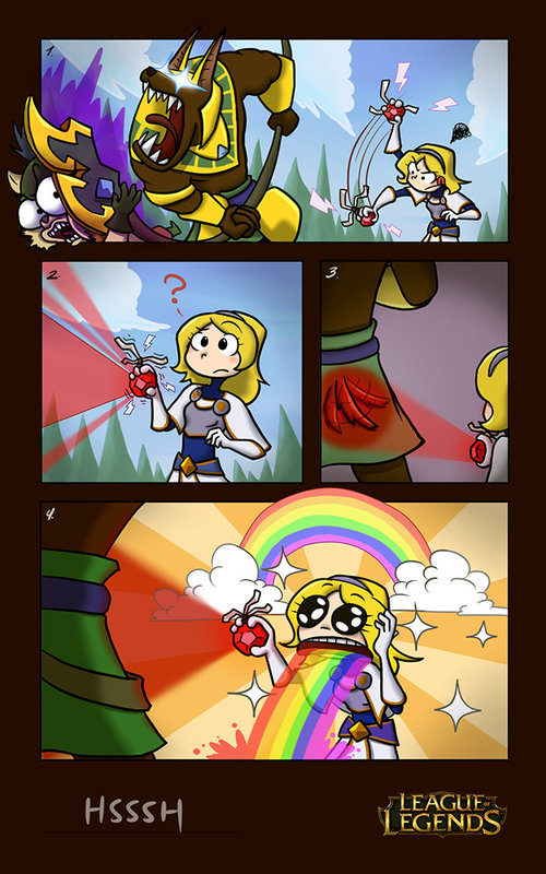 4koma annoyed blonde_hair cloud comic league_of_legends luxanna_crownguard nasus rainbow sonakton tail tail_wagging teemo