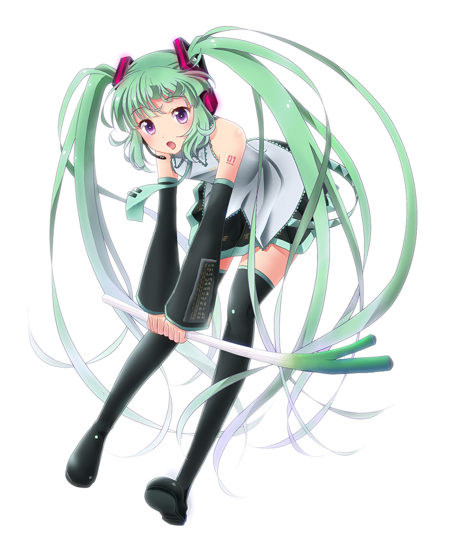 :o alternate_hair_color black_legwear black_skirt boots cosplay detached_sleeves full_body green_hair hatsune_miku hatsune_miku_(cosplay) leaning_forward long_hair miyato000 pleated_skirt purple_eyes sidelocks skirt solo sophie_(tales) spring_onion tales_of_(series) tales_of_graces thigh_boots thighhighs twintails vocaloid white_background