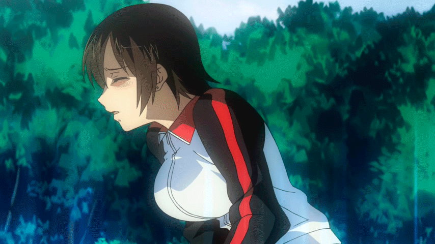 1girl animated animated_gif blush breasts brown_hair earrings eyes_closed freezing_(series) jewelry kim_yumi large_breasts open_mouth orgasm short_hair solo