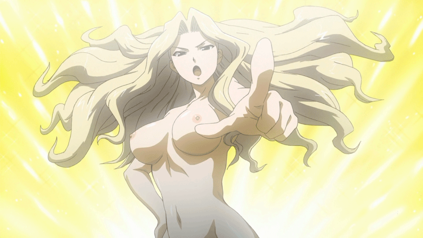 1girl animated animated_gif blonde_hair blue_eyes breasts elizabeth_mably freezing_(series) large_breasts long_hair nipples pointing solo standing talking topless