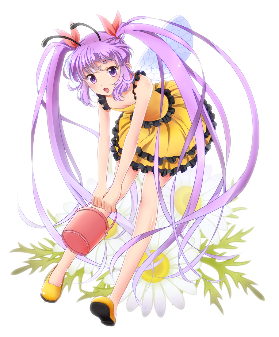 :o antennae bare_legs bucket flower frills full_body insect_wings leaning_forward long_hair miyato000 purple_eyes purple_hair shoes sidelocks skirt solo sophie_(tales) tales_of_(series) tales_of_graces twintails wings yellow_skirt