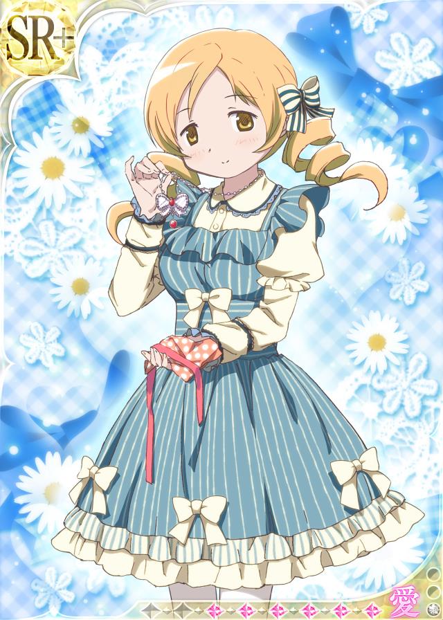 alternate_costume blonde_hair card_(medium) drill_hair hair_ribbon jewelry mahou_shoujo_madoka_magica necklace official_art pantyhose ribbon solo tomoe_mami trading_card twin_drills twintails yellow_eyes