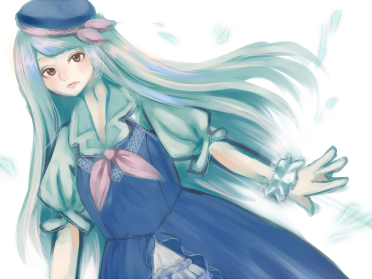 adapted_costume alternate_costume alternate_headwear aqua_hair blue blue_dress blue_hair brown_eyes dress dutch_angle hat kamishirasawa_keine long_hair moepi_(itsuka05) puffy_short_sleeves puffy_sleeves short_sleeves silver_eyes silver_hair touhou wrist_cuffs