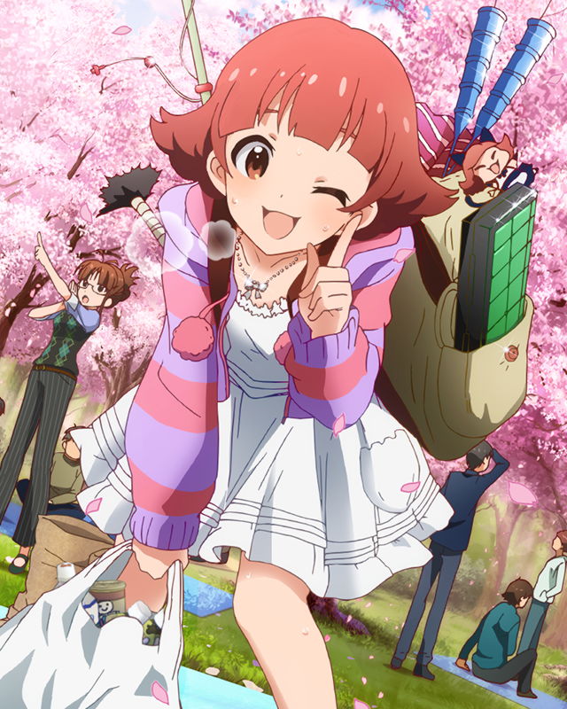 ;d akizuki_ritsuko artist_request backpack bag brown_eyes brown_hair cherry_blossoms grocery_bag hood hoodie idolmaster idolmaster_(classic) idolmaster_million_live! index_finger_raised jacket looking_at_viewer multiple_girls nonohara_akane official_art one_eye_closed open_mouth petals plastic_bag shopping_bag short_hair smile solo_focus striped striped_hoodie sweater_vest