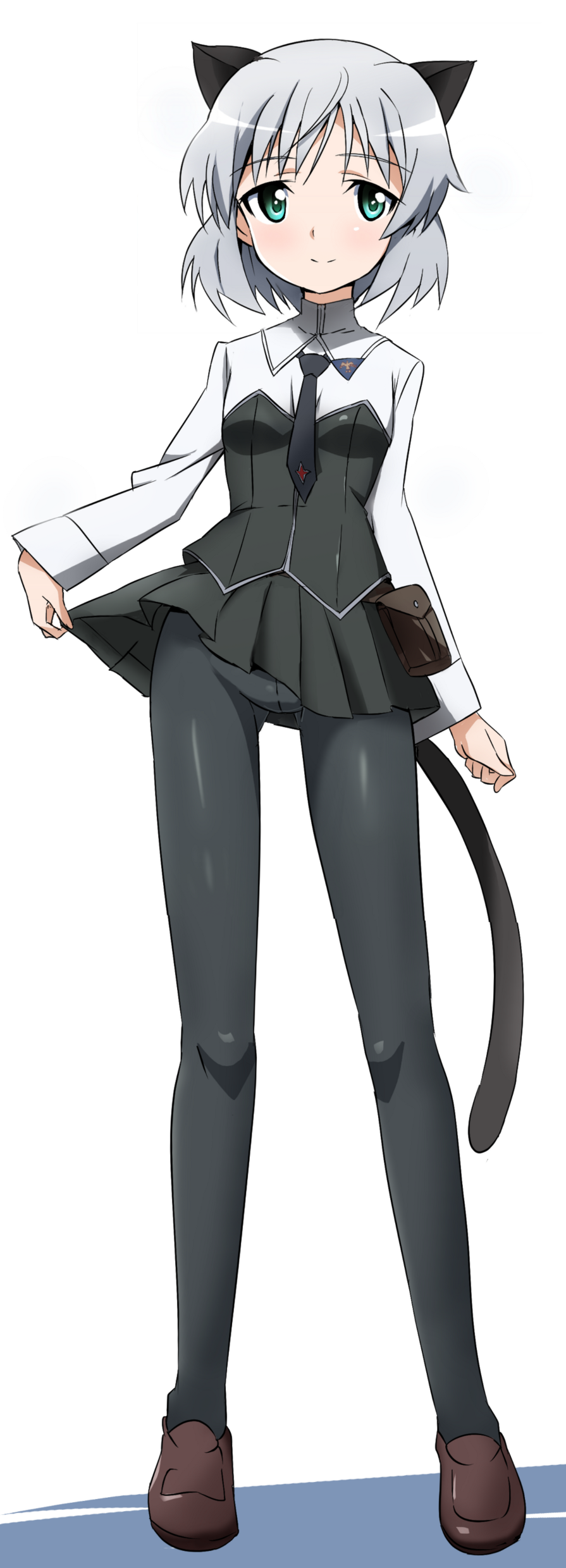 absurdres animal_ears black_legwear black_skirt blush breasts cat_ears cat_tail green_eyes highres legs long_sleeves military military_uniform miniskirt necktie pantyhose sanya_v_litvyak short_hair silver_hair skirt skirt_lift small_breasts smile solo strike_witches tail tokiani uniform world_witches_series