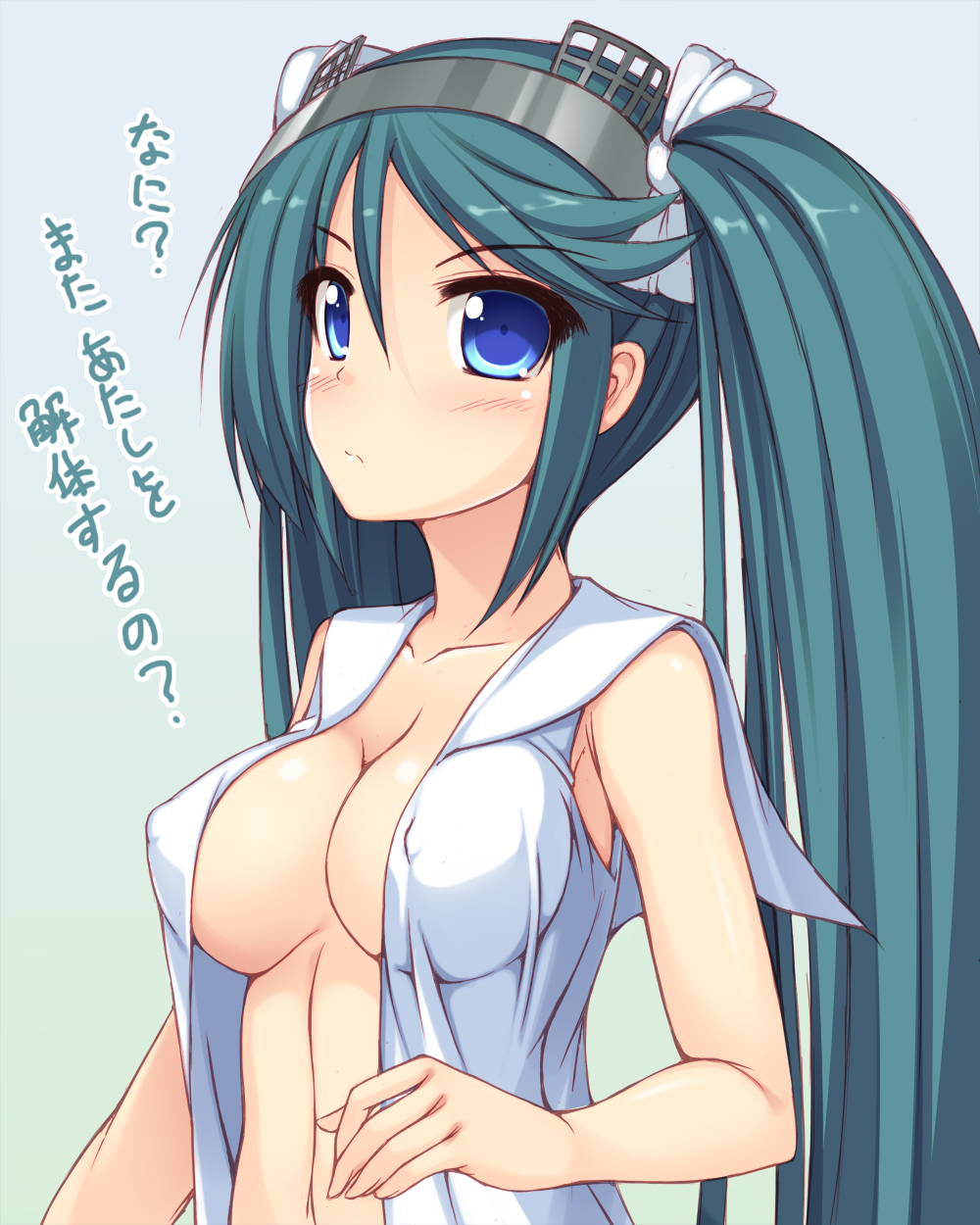aqua_hair blue_eyes blush breasts cleavage covered_nipples hair_ribbon hairband highres isuzu_(kantai_collection) kageira kantai_collection long_hair medium_breasts open_clothes open_shirt ribbon sailor_collar shirt solo translation_request twintails