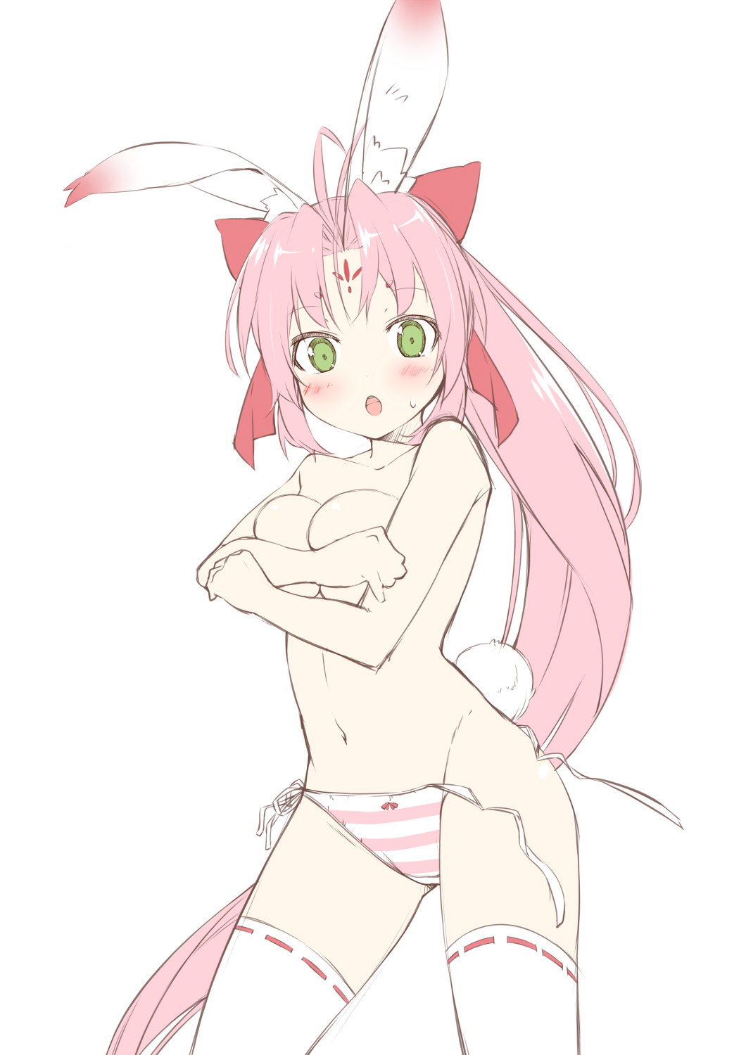 animal_ears blush bow breasts bunny_ears bunny_tail covering covering_breasts cowboy_shot facial_mark forehead_mark green_eyes hair_bow highres ichi_makoto large_breasts long_hair navel open_mouth original panties pink_hair side-tie_panties simple_background sketch solo striped striped_panties sweatdrop tail thighhighs topless underwear very_long_hair white_legwear