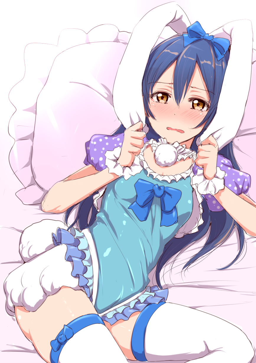 animal_ears blue_hair blush bow bunny_ears bunny_tail clearite fake_animal_ears frills hair_bow highres holding holding_ears long_hair looking_at_viewer love_live! love_live!_school_idol_project nose_blush open_mouth pillow polka_dot polka_dot_sleeves puffy_short_sleeves puffy_sleeves short_sleeves solo sonoda_umi tail tears thighhighs wavy_mouth white_legwear yellow_eyes