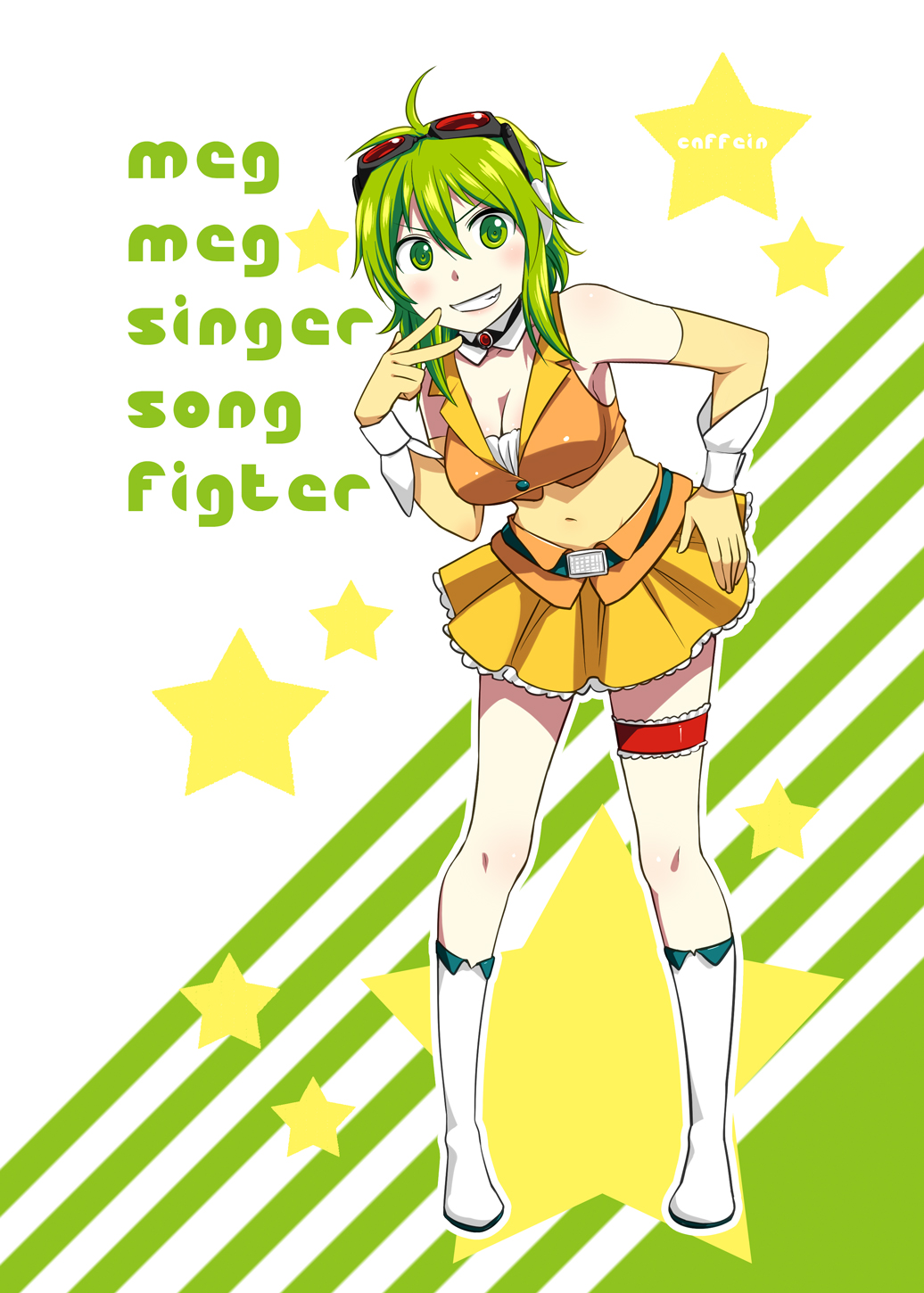 ahoge artist_name bare_shoulders caffein detached_collar goggles goggles_on_head green_eyes green_hair grin gumi hand_on_hip highres looking_at_viewer md5_mismatch navel short_hair skirt smile solo star vocaloid
