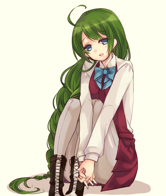 :d ahoge aki_(o2x_x2o) ankle_boots bad_id bad_pixiv_id bangs blue_eyes blunt_bangs blush boots bow bowtie braid breasts collared_shirt convenient_leg cross-laced_footwear full_body green_hair grey_legwear hands_clasped head_tilt interlocked_fingers kantai_collection knees_up long_hair long_sleeves looking_at_viewer mole mole_under_mouth open_mouth own_hands_together pantyhose parted_bangs pleated_skirt red_skirt ribbon school_uniform shadow shirt simple_background single_braid sitting skirt small_breasts smile solo v_arms very_long_hair vest white_shirt yuugumo_(kantai_collection)