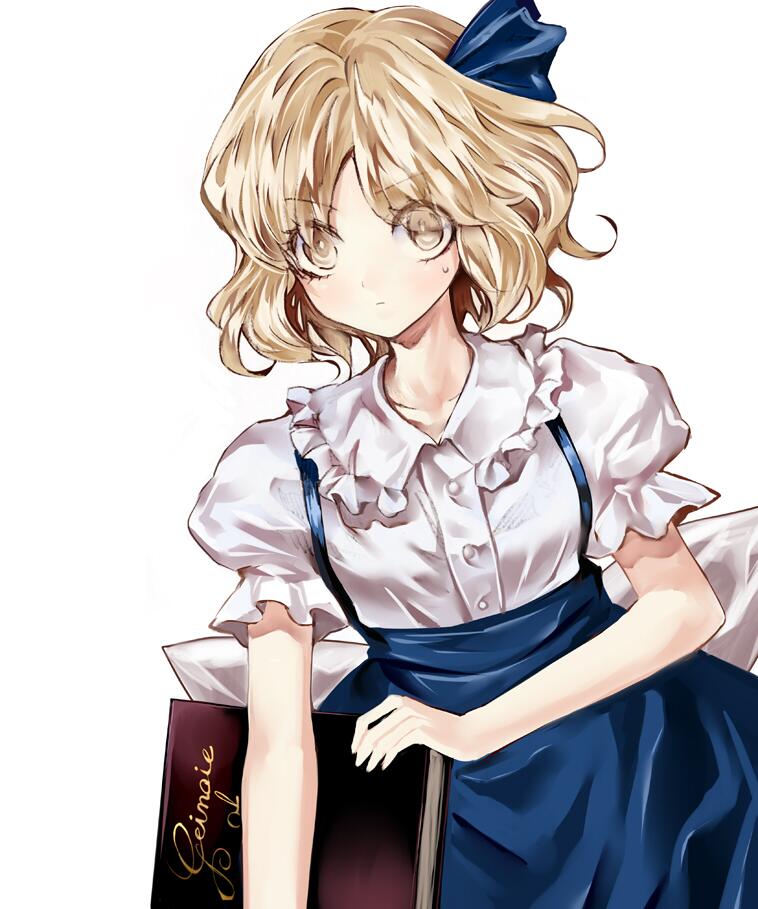 alice_margatroid alice_margatroid_(pc-98) banned_artist blonde_hair book bow grimoire grimoire_of_alice hair_bow hair_ornament kozou_(soumuden) looking_at_viewer puffy_sleeves shirt short_hair short_sleeves simple_background skirt solo sweatdrop touhou touhou_(pc-98) white_background white_shirt yellow_eyes younger