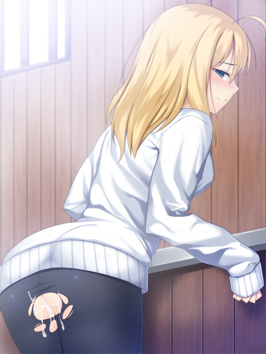after_sex ahoge artoria_pendragon_(all) ass black_legwear blonde_hair blush breasts cum fate/stay_night fate_(series) from_behind green_eyes hair_down highres looking_at_viewer looking_back medium_breasts pantyhose saber skylader sleeves_past_wrists solo sweater torn_clothes torn_legwear