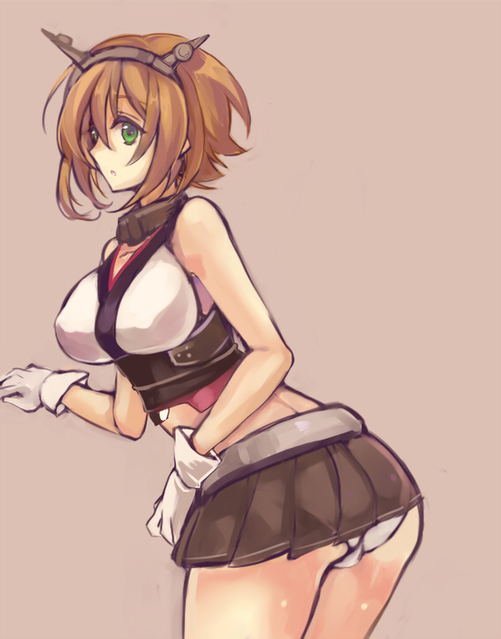 aki_(o2x_x2o) bad_id bad_pixiv_id brown_hair gloves green_eyes hairband kantai_collection midriff mutsu_(kantai_collection) open_mouth panties pantyshot short_hair solo underwear