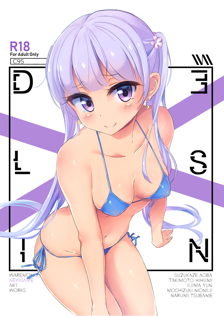 bangs bare_arms bare_shoulders bikini blue_bikini blush breasts character_name closed_mouth collarbone copyright_name cover cover_page covered_nipples doujin_cover earrings erect_nipples eyebrows_visible_through_hair groin head_tilt jewelry long_hair medium_breasts navel new_game! nitro_(mugityaoisii) purple_eyes purple_hair side-tie_bikini sitting smile solo star star_earrings suzukaze_aoba swimsuit twintails very_long_hair