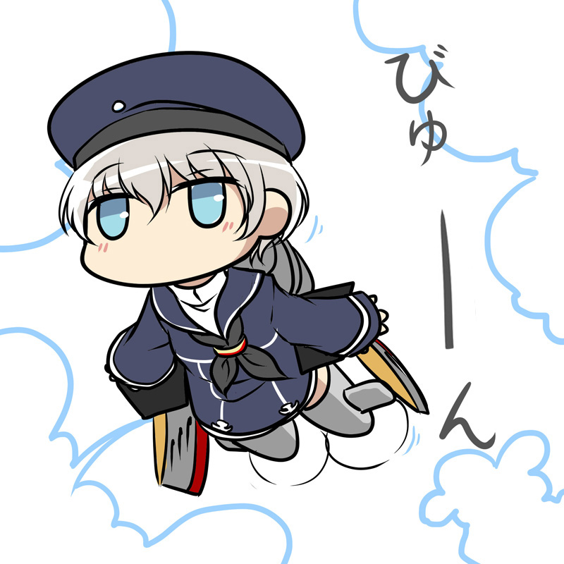 blue_eyes carillus chibi creator_connection hat kantai_collection parody short_hair silver_hair sleeves_past_wrists solo striker_unit translated world_witches_series z1_leberecht_maass_(kantai_collection)
