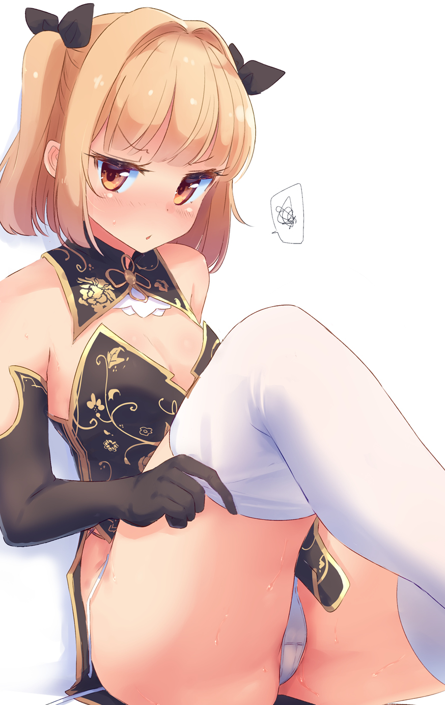 1girl :o adjusting_clothes adjusting_legwear alternate_costume ass bangs bare_shoulders blonde_hair blunt_bangs blush breasts china_dress chinese_clothes cleavage_cutout collarbone dress eyebrows_visible_through_hair floral_print full_body highres iijima_yun looking_at_viewer new_game! nitro_(mugityaoisii) open_mouth panties pelvic_curtain red_eyes short_dress short_hair side-tie_panties side_slit simple_background sitting small_breasts solo speech_bubble spoken_squiggle squiggle thick_thighs thighhighs thighs twintails two_side_up underwear untied untied_panties v-shaped_eyebrows white_legwear white_panties