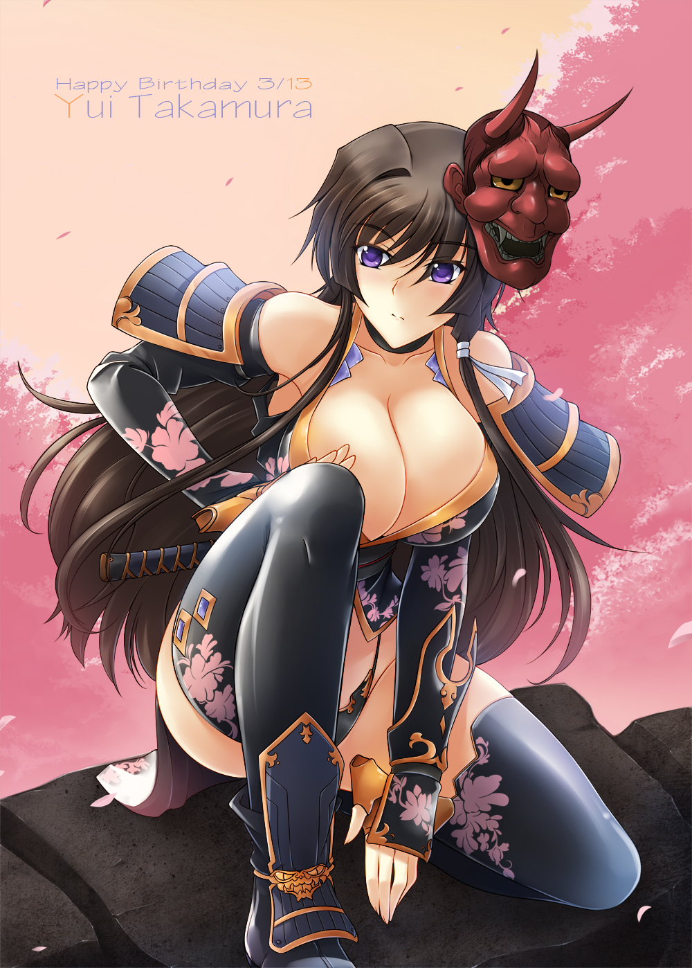 alternate_costume armor armpits bare_shoulders black_panties breasts brown_hair character_name cherry_blossoms cleavage collarbone dated detached_sleeves floral_print haganef hair_ribbon happy_birthday highres japanese_armor japanese_clothes large_breasts long_hair long_sleeves looking_away muvluv muvluv_alternative muvluv_total_eclipse ninja on_roof one_knee oni_mask panties pauldrons petals purple_eyes revealing_clothes ribbon solo takamura_yui thighhighs tree underwear white_legwear