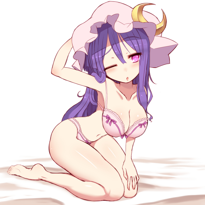 ;o barefoot blush bra breasts cleavage crescent hand_behind_head hat kneeling kuresento large_breasts long_hair navel one_eye_closed panties patchouli_knowledge pink_bra pink_panties purple_eyes purple_hair revision solo touhou underwear underwear_only