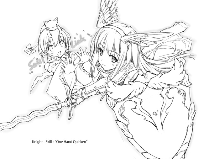 animal animal_on_head cat cat_on_head character_name greyscale isizuaki knight_(ragnarok_online) long_hair monochrome multiple_girls on_head ragnarok_online short_hair simple_background smile soul_linker sword weapon white_background