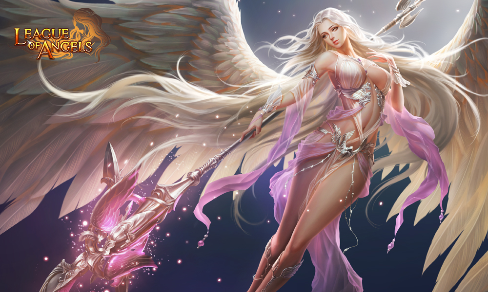 angel angel_wings breasts copyright_name large_breasts large_wings league_of_angels long_hair polearm realistic rike_lee see-through silver_hair solo spear weapon wings yellow_eyes