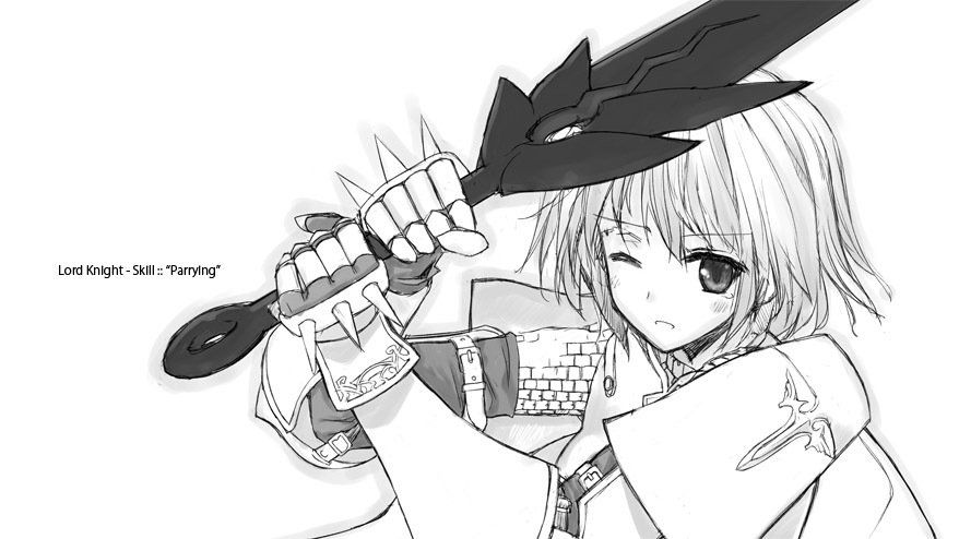 character_name greyscale isizuaki lord_knight monochrome ragnarok_online short_hair simple_background solo sword weapon white_background