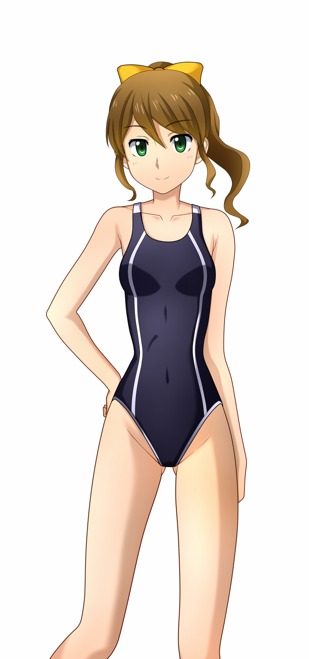 blush bow breasts brown_hair competition_swimsuit covered_navel green_eyes gundam gundam_build_fighters hair_bow hand_on_hip highres kenken one-piece_swimsuit ootake_akemi ponytail simple_background small_breasts smile solo swimsuit white_background