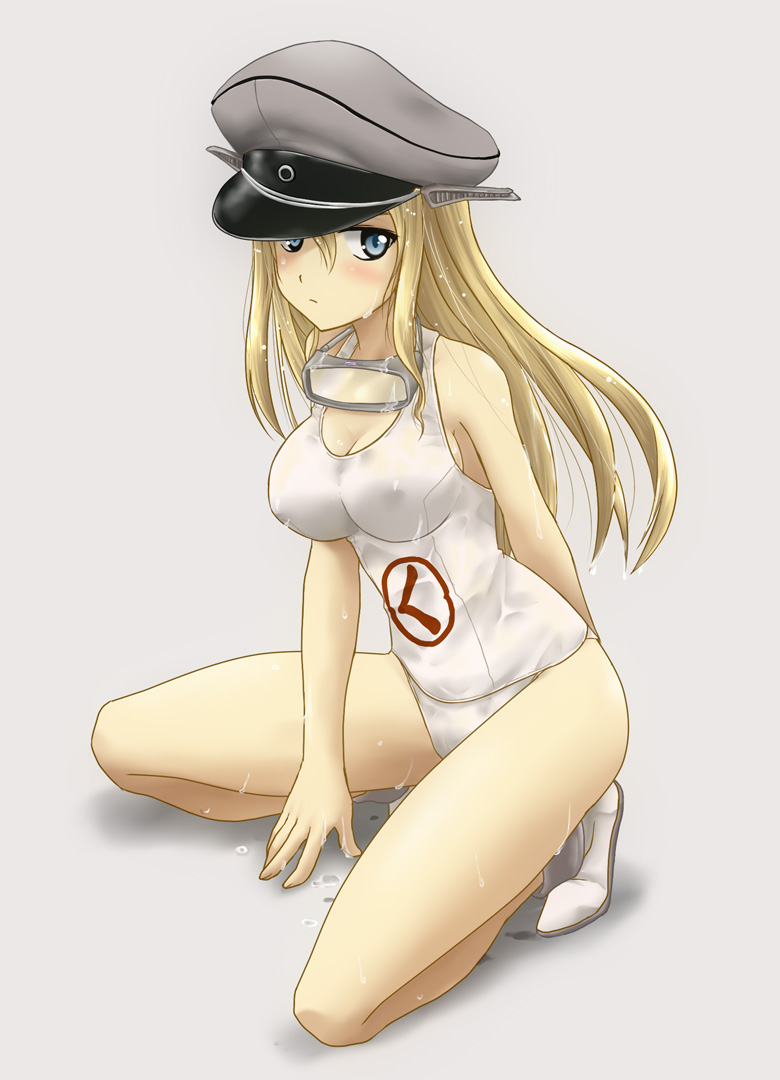 bismarck_(kantai_collection) blonde_hair blue_eyes blush breasts cosplay covered_nipples hat kantai_collection large_breasts long_hair maru-yu_(kantai_collection) maru-yu_(kantai_collection)_(cosplay) one-piece_swimsuit peaked_cap pun school_swimsuit solo swimsuit takahashi_takeshi wet white_school_swimsuit white_swimsuit