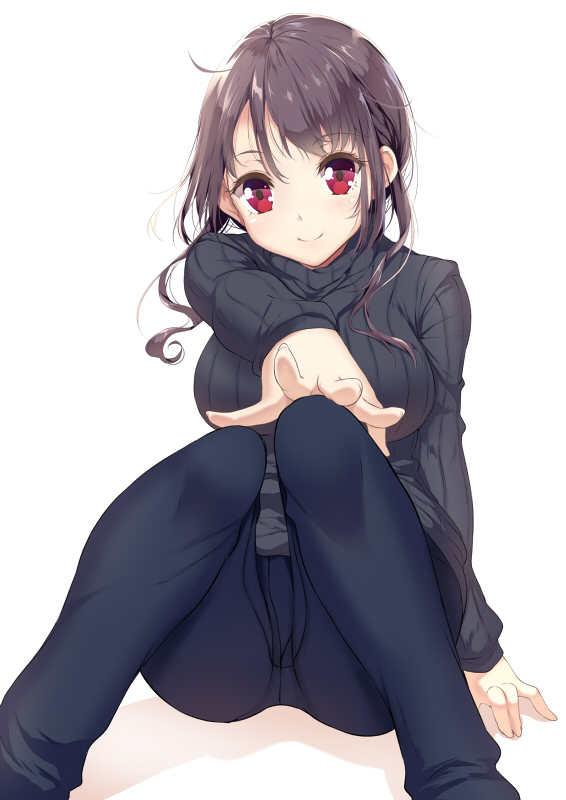breasts brown_hair hand_on_own_knee knees_together_feet_apart konomi_(yappen) large_breasts long_hair looking_at_viewer original outstretched_arm pants red_eyes ribbed_sweater sitting smile solo sweater turtleneck white_background yappen