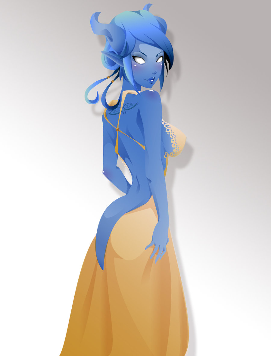 1girl backless blue_hair blue_skin blush breasts draenei dress horns no_pupils pointy_ears tattoo warcraft world_of_warcraft yellow_dress